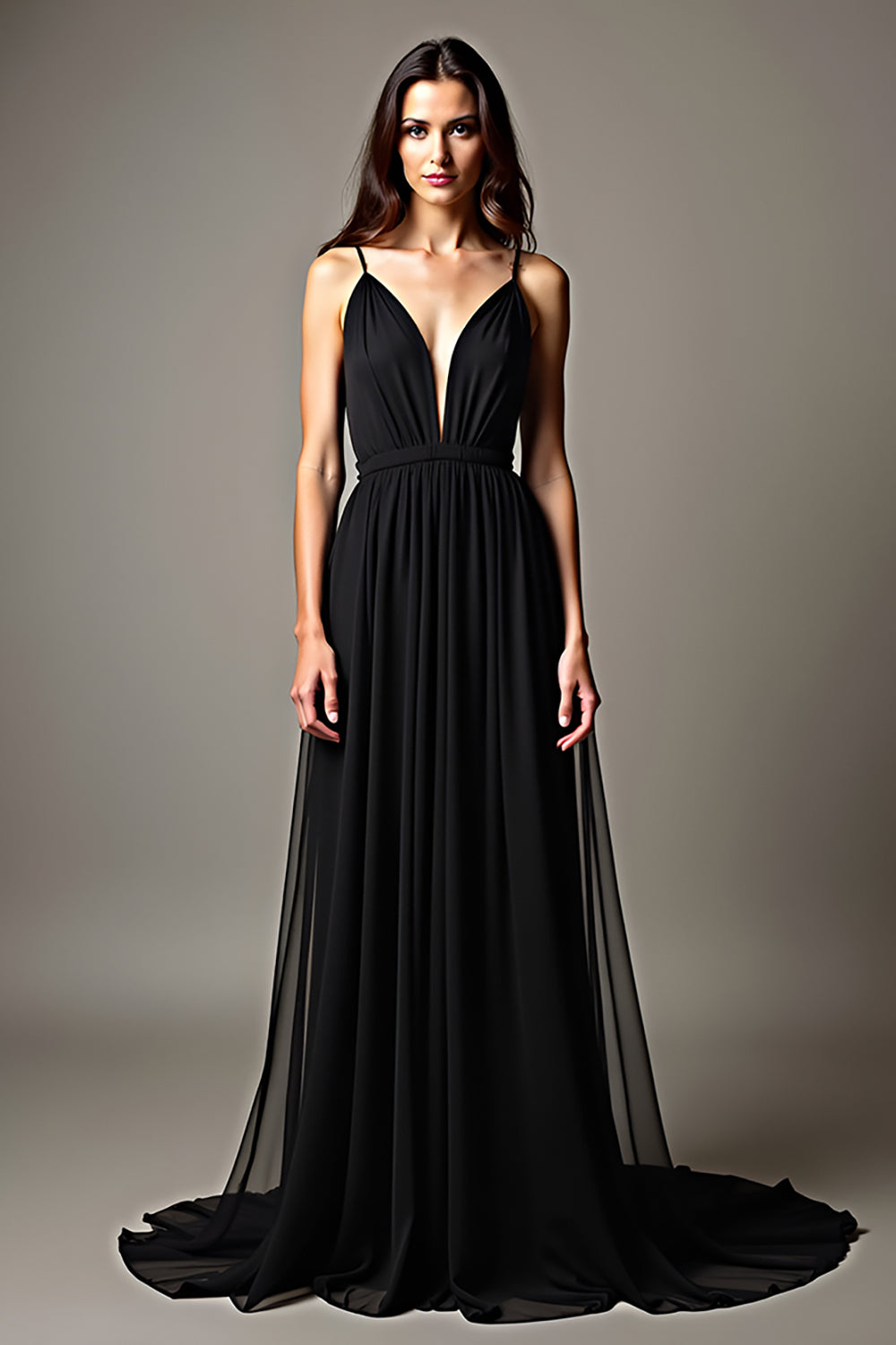 Black Pleated Deep V-Neck Long Tulle Formal Dress
