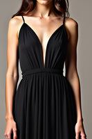 Load image into Gallery viewer, Black Pleated Deep V-Neck Long Tulle Formal Dress