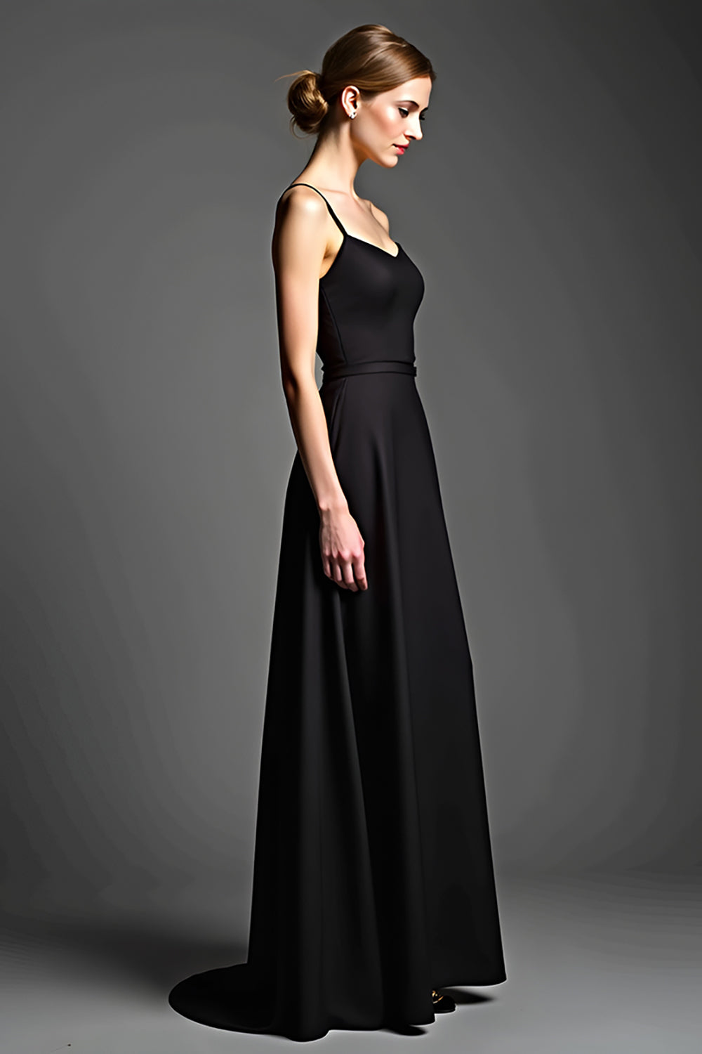 Black Spaghetti Straps A Line Long Satin Formal Dress