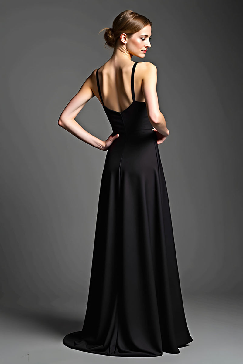 Load image into Gallery viewer, Black Spaghetti Straps A Line Long Satin Formal Dress