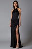 Load image into Gallery viewer, Black Sheath Halter Satin Formal Dress with Slit