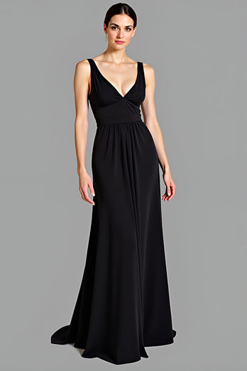 A Line Black V-Neck Long Backless Formal Dress
