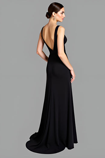 A Line Black V-Neck Long Backless Formal Dress