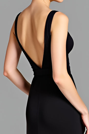 A Line Black V-Neck Long Backless Formal Dress