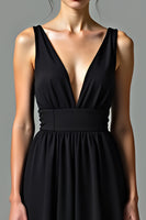 Load image into Gallery viewer, Black A Line Backless Pleated Long Graduation Dress