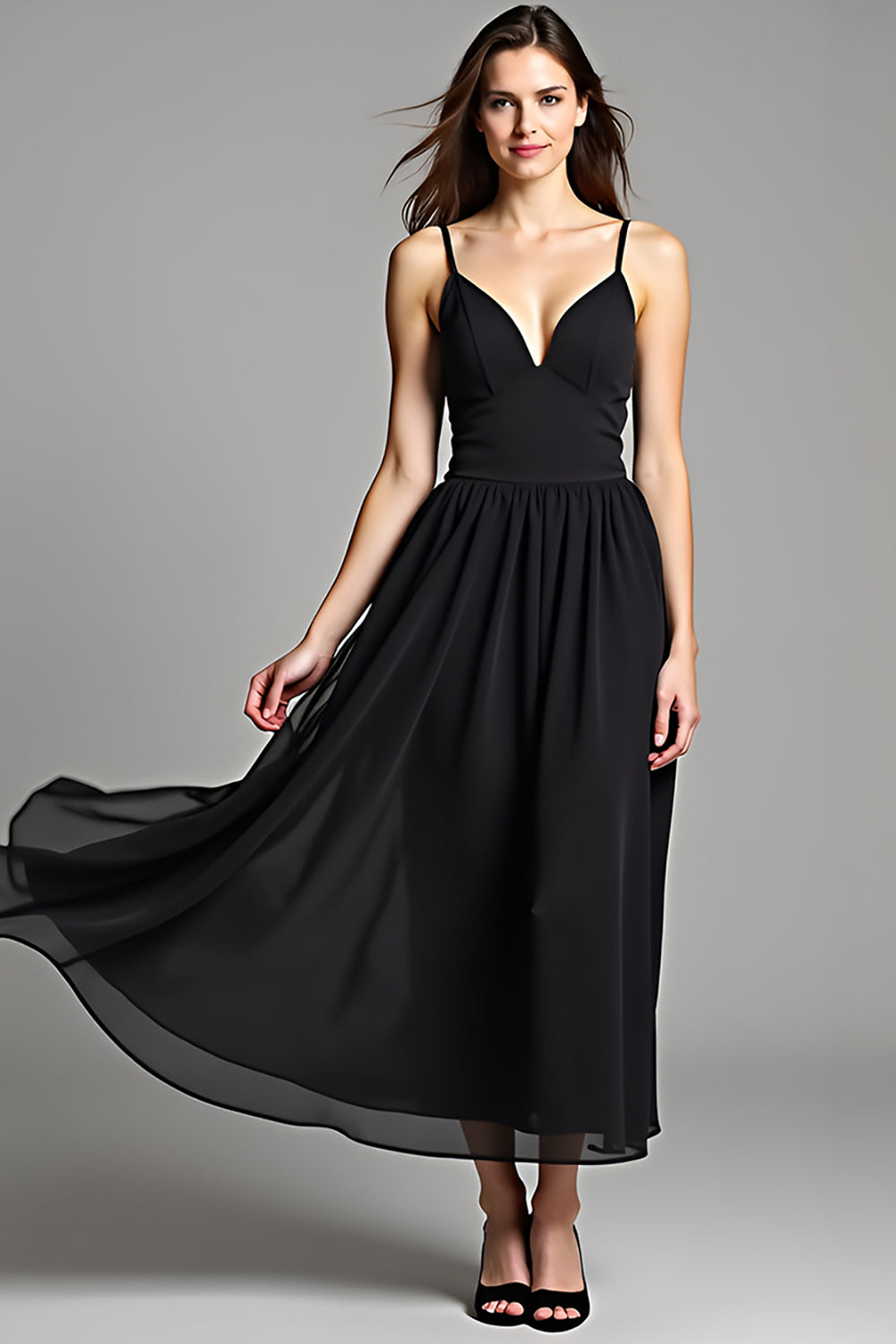 Black A Line V-Neck Long Backless Formal Dress