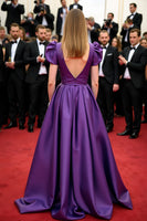 Load image into Gallery viewer, A Line Purple V-Neck Puff Sleeves Long Gala Dress