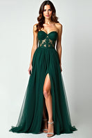 Load image into Gallery viewer, Dark Green A Line Strapless Appliques Long Prom Dress with Slit