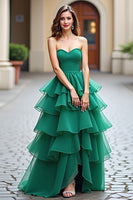 Load image into Gallery viewer, Dark Green Tiered Strapless Tulle Long Prom Dress