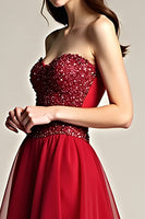Load image into Gallery viewer, Burgundy A Line Tulle Sweetheart Beaded Long Prom Dress
