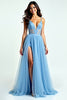 Load image into Gallery viewer, A Line Light Blue Spaghetti Straps Long Prom Dress with Slit