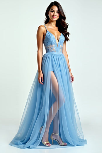A Line Light Blue Spaghetti Straps Long Prom Dress with Slit