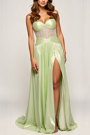 Sage Strapless A Line Long Prom Dress with Slit