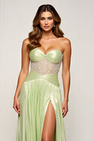 Load image into Gallery viewer, Sage Strapless A Line Long Prom Dress with Slit
