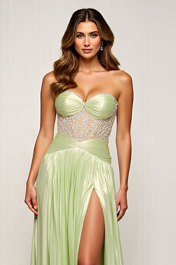 Sage Strapless A Line Long Prom Dress with Slit