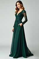 Load image into Gallery viewer, V-Neck Pine Appliqued Prom Dress with Long Sleeves