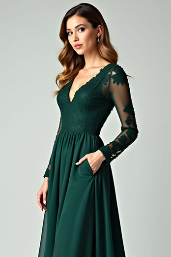 V-Neck Pine Appliqued Prom Dress with Long Sleeves