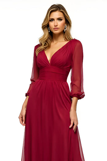 Burgundy Backless A Line Long Mother of the Bride Dress with Half Sleeves