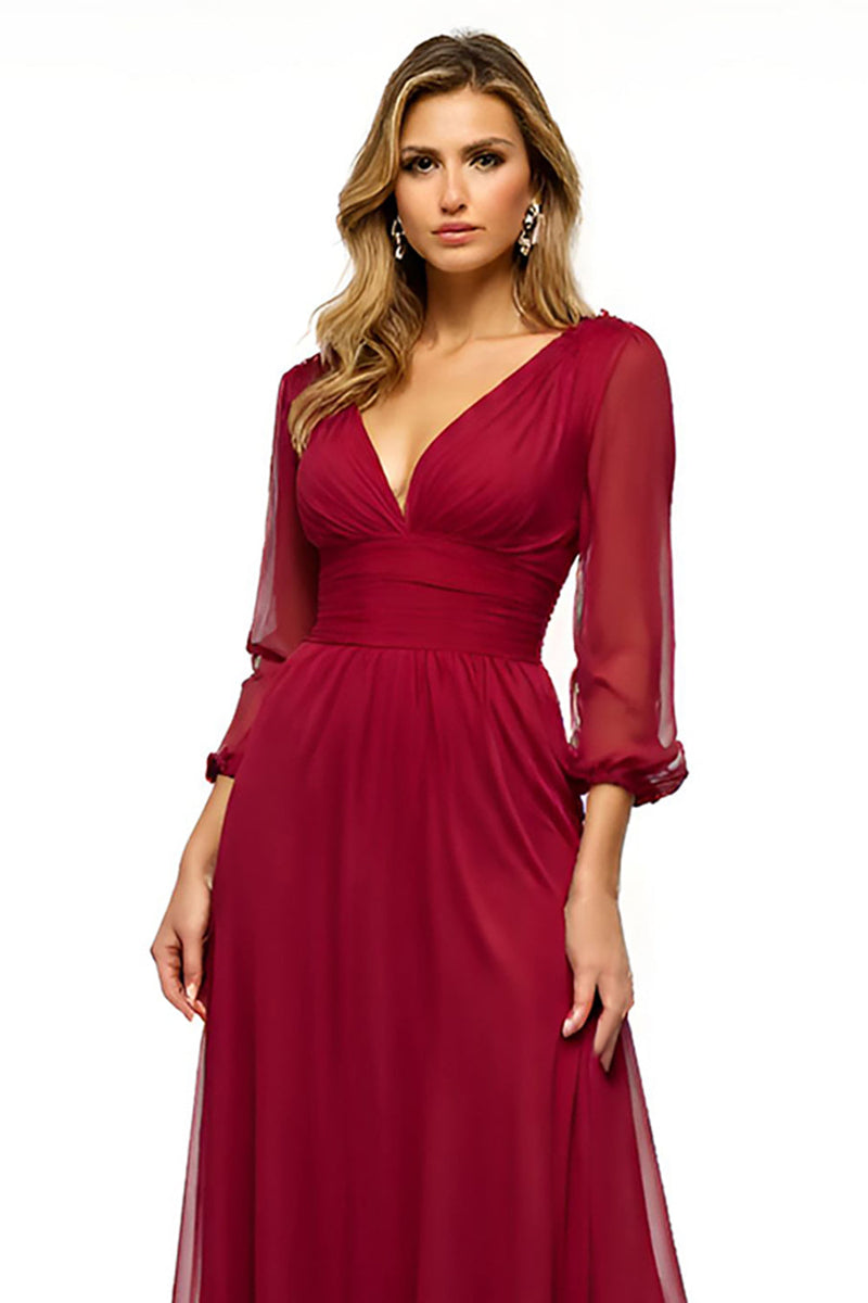 Load image into Gallery viewer, Burgundy Backless A Line Long Mother of the Bride Dress with Half Sleeves