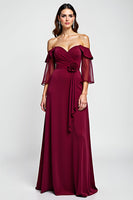Load image into Gallery viewer, Off the Shoulder Burgundy Floral Mother of the Bride Dress