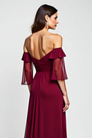 Load image into Gallery viewer, Off the Shoulder Burgundy Floral Mother of the Bride Dress