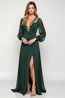 Load image into Gallery viewer, A Line Pine Deep V-Neck Long Mother of the Bride Dress with Slit