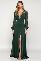 Load image into Gallery viewer, A Line Pine Deep V-Neck Long Mother of the Bride Dress with Slit