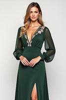 Load image into Gallery viewer, A Line Pine Deep V-Neck Long Mother of the Bride Dress with Slit