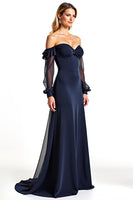 Load image into Gallery viewer, Navy Sweetheart Long Sheer Sleeves Mother of the Bride Dress with Ruffles