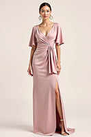 Load image into Gallery viewer, Dusty Rose Short Sleeves Sheath Long Bridesmaid Dress with Slit