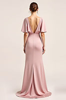 Load image into Gallery viewer, Dusty Rose Short Sleeves Sheath Long Bridesmaid Dress with Slit