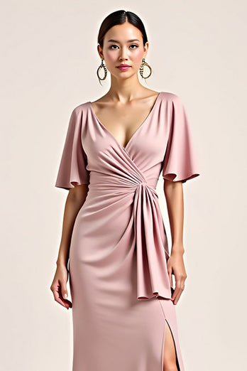 Dusty Rose Short Sleeves Sheath Long Bridesmaid Dress with Slit