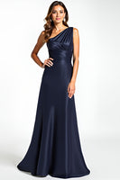 Load image into Gallery viewer, Navy One Shoulder Satin Long Mother of the Bride Dress