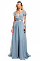 Load image into Gallery viewer, Dusty Blue A Line V-Neck Long Wedding Guest Dress with Short Sleeves