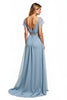 Load image into Gallery viewer, Dusty Blue A Line V-Neck Long Wedding Guest Dress with Short Sleeves