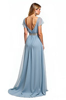Load image into Gallery viewer, Dusty Blue A Line V-Neck Long Wedding Guest Dress with Short Sleeves