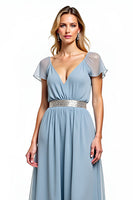 Load image into Gallery viewer, Dusty Blue A Line V-Neck Long Wedding Guest Dress with Short Sleeves
