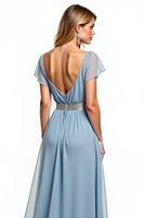 Load image into Gallery viewer, Dusty Blue A Line V-Neck Long Wedding Guest Dress with Short Sleeves