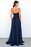 Load image into Gallery viewer, Sweetheart Navy A Line Ruched Long Wedding Guest Dress