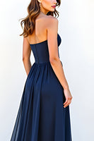 Load image into Gallery viewer, Sweetheart Navy A Line Ruched Long Wedding Guest Dress