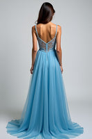 Load image into Gallery viewer, A Line Light Blue V-Neck Appliqued Long Prom Dress with Slit