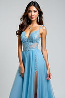 Load image into Gallery viewer, A Line Light Blue V-Neck Appliqued Long Prom Dress with Slit