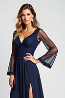 Load image into Gallery viewer, Navy A Line V-Neck Long Sleeves Mother of the Bride Dress with Slit