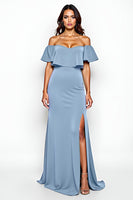 Load image into Gallery viewer, Sheath Dusty Blue Off the Shoulder Long Bridesmaid Dress with Slit
