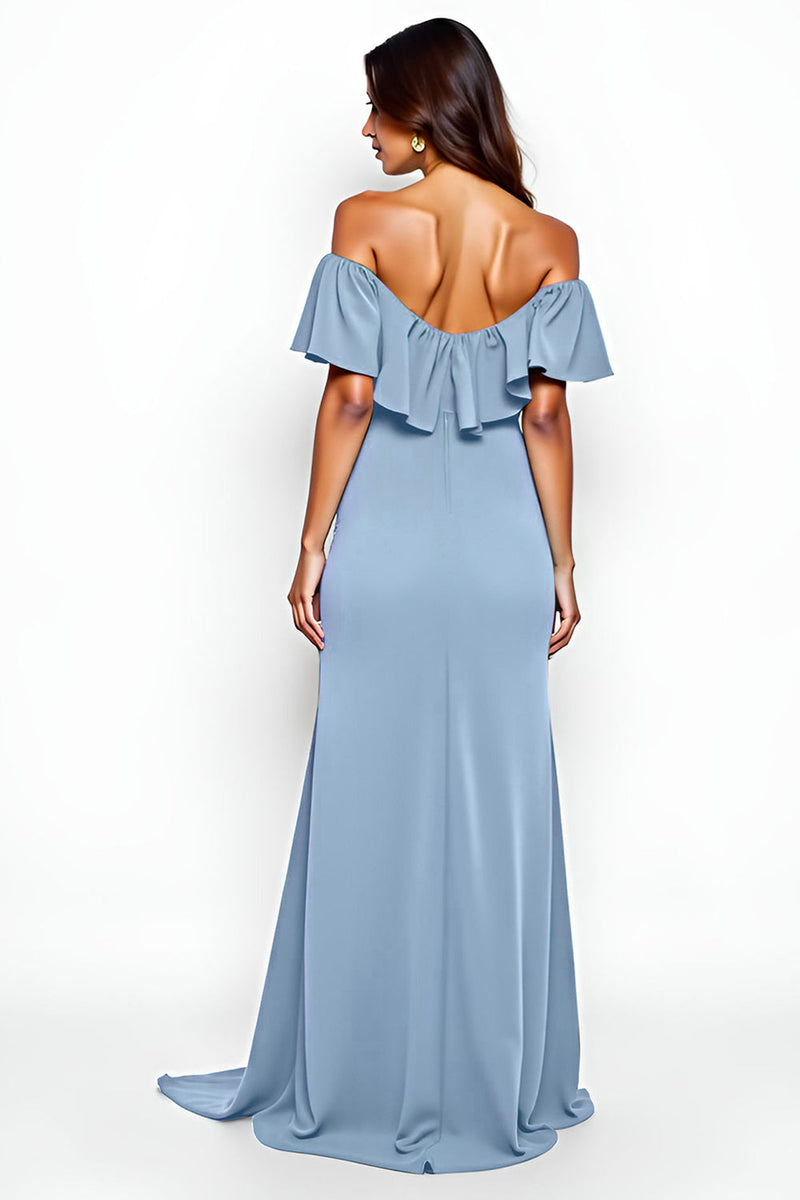 Load image into Gallery viewer, Sheath Dusty Blue Off the Shoulder Long Bridesmaid Dress with Slit