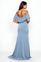 Load image into Gallery viewer, Sheath Dusty Blue Off the Shoulder Long Bridesmaid Dress with Slit