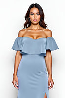 Load image into Gallery viewer, Sheath Dusty Blue Off the Shoulder Long Bridesmaid Dress with Slit