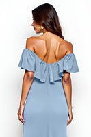 Load image into Gallery viewer, Sheath Dusty Blue Off the Shoulder Long Bridesmaid Dress with Slit