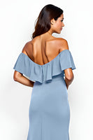 Load image into Gallery viewer, Sheath Dusty Blue Off the Shoulder Long Bridesmaid Dress with Slit