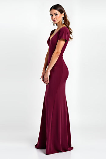 Burgundy Sheath Satin V-Neck Backless Long Formal Dress